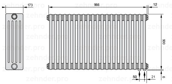 Схема (чертеж) Радиатор Zehnder Charleston 5090/21 №5510 Белый глянцевый RAL 9016